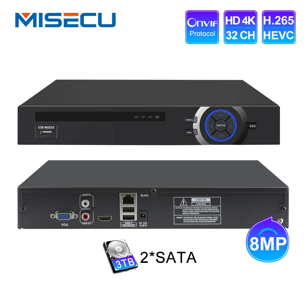 MISECU 2HDD 25CH 5MP 32CH 1080P 8CH 4K CCTV H.264/H.265 NVR DVR Network Video Recorder Onvif 2.0 for IP Camera 2 SATA XMEYE P2P