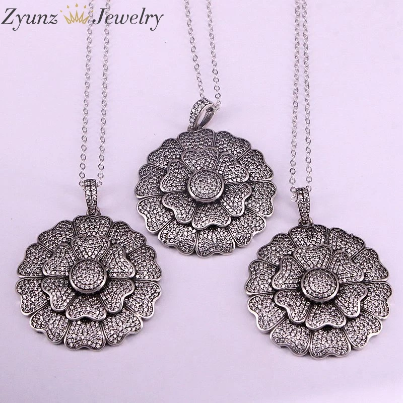 Necklaces 3 шт, большой цветок ромашки темно-серебряное ожерелье с подвеской, Модный кристалл циркония винтажный цветок чокер ювелирные изделия для женщин, подарок для девочки - Окраска металла: Necklaces