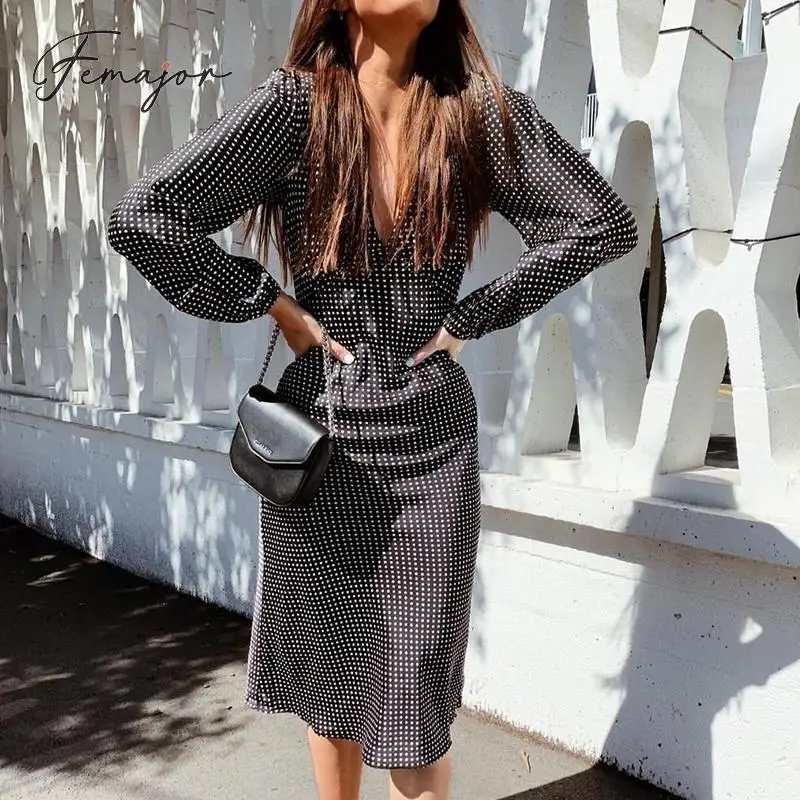 

Femajor Women Sexy V Neck Slim Fit Long Party Dress Female Autumn Winter Long Sleeve High Waist Polka Dot Black Dress Vestidos