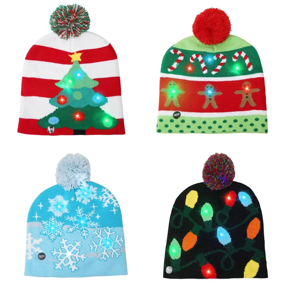 Happy Christmas Childs LED Beanie Hat Knit Cap Light Up Boys Girls Knitted Dress 