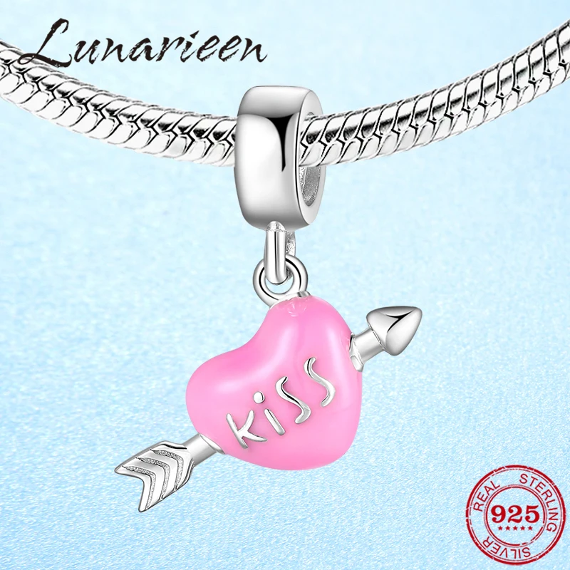 Pink Enamel Cupid's arrow through heart Sterling Silver Charm Fit europeu original bracelet pendant bead for DIY fine jewelry |