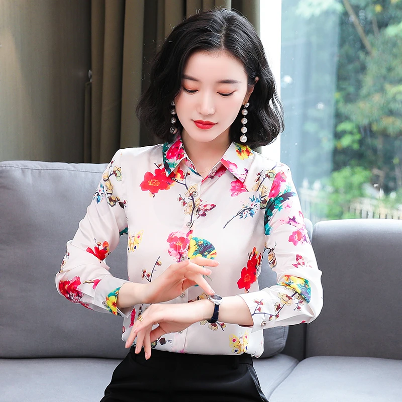 De moda Coreana de seda de mujeres Oficina dama de satén y blusa Floral de manga larga Tops y blusas para mujer de grande XXL| Blusas y camisas| - AliExpress