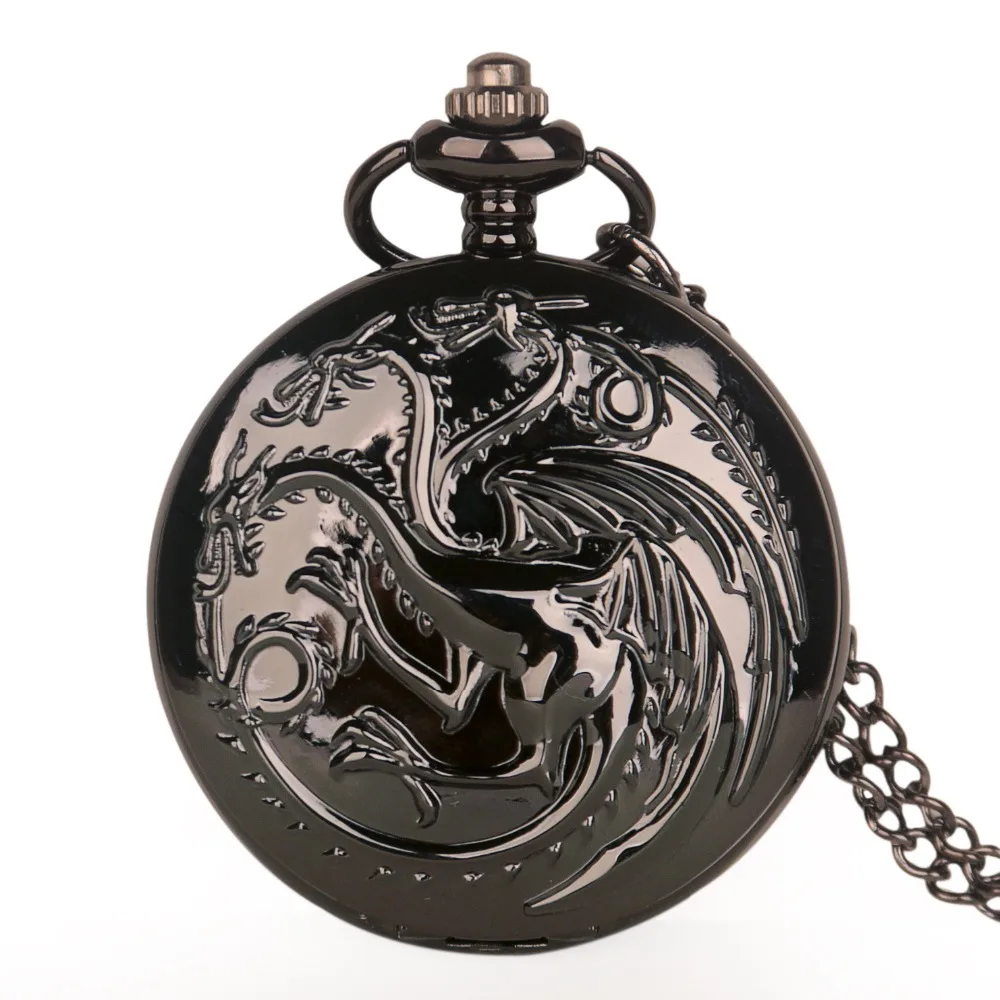 Модные Винтажные карманные часы в ретро-стиле, черные кварцевые карманные часы с рисунком дракона крови, аналоговый кулон, унисекс, детские часы, ожерелье, цепочка