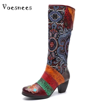 

Voesnees Women's Shoes 2020 Autumn New Women's Boots Round Toe Thick Heel 6cm Bohemian Retro Folk Splicing Warm Knee Soft Boots