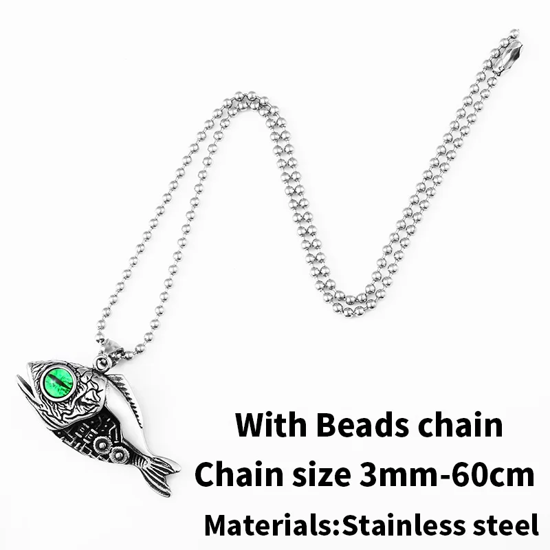 with bead chain Стальной солдат Рыбная кость с зеленым глазом шейный популярный кулон из нержавеющей стали мужские уникальные ювелирные изделия - Окраска металла: with bead chain