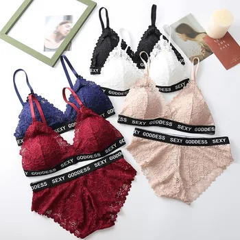 

Women Seamless Bra Sets Letter Print Underwear Lace Lingerie Padded Bralette Sexy Panties Bra Set