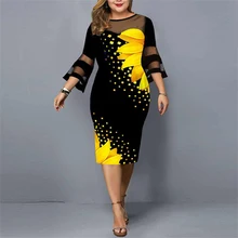 

Lace Dresses Plus Size Woman Casual Flower Print Mesh Midi Lace Sleeve Party Christmas Dress For 2022 New Year Clothing