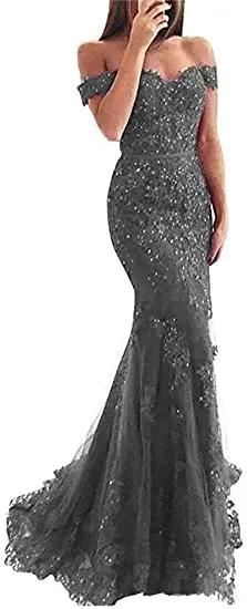 Off the Shoulder Long Mermaid Evening Dresses Lace abiti da sera Applique Robe De Soiree longue Formal Gowns abiye gece elbisesi gray
