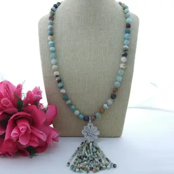 

S112605 30" 12mm Round Faceted Amazonite Necklace CZ Pendant