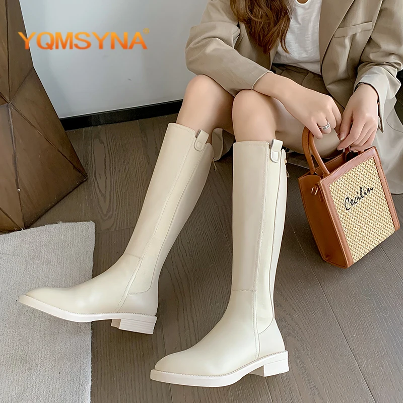

YQMSYNA Casual Women's Shoes Genuine Leather Round Toe Square Heel Zipper Boots Exquisite Sewing Office Lady High Boots AS344