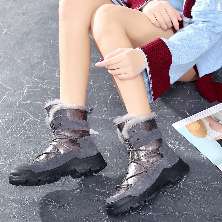 Зимняя теплая обувь из натуральной кожи; Для женщин зимние ботинки на платформе с плюшевой подкладкой; модные брендовые женские botas mujer с дамские ботильоны на меху
