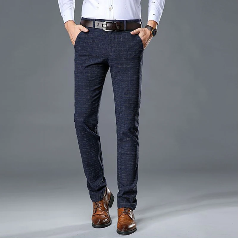 Korean Style Fashion Men Jeans Black Blue Gray Color Elastic Casual Business Pants Designer Slim Fit Smart Plaid Pants Men