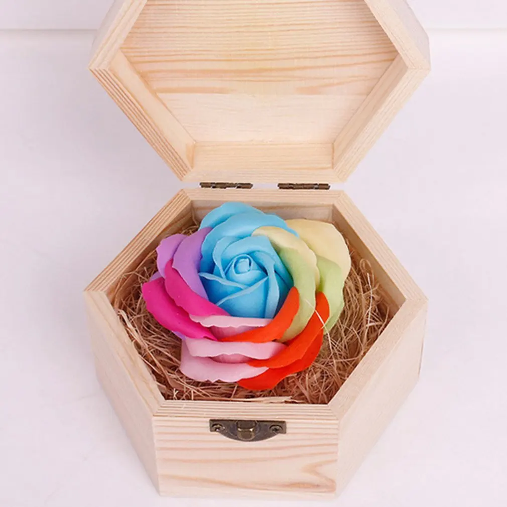 Мягкая поверхность ручной работы резьба по дереву коробка Милое мыло цветы c розами, подарок шестиугольная коробка для дня рождения