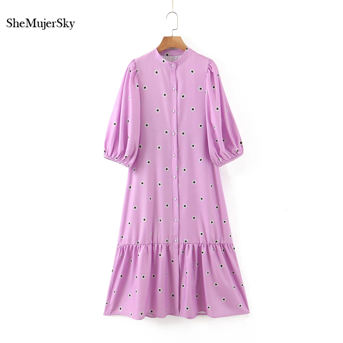 SheMujerSky Women White Shirt Midi Dress 2020 Spring Autumn Little Floral Print Dresses bodycon