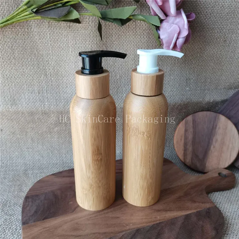 

50pcs Whoelsale 120ml Biodegradable Natrural bamboo pump bottle plastic inner lotion bottles empty skincare cosmetic packaging