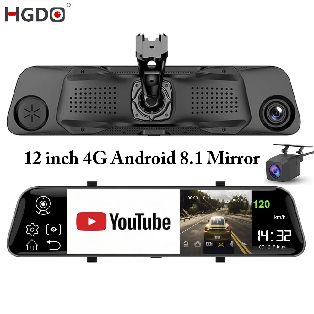 HGDO 12''  4G ADAS Car DVR Camera Android 8.1 Stream Media Rear View Mirror FHD 1080P WiFi GPS Dash Cam Registrar Video Recorder