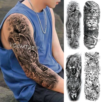

Large Arm Sleeve Tattoo King Crown lion Waterproof Temporary Fake Tatoo Sticker Skull Angel Clock Pigeon Men Women Full Tatto