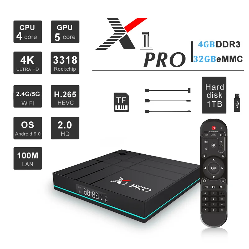 X1 Pro Android 9 Smart tv BOX Google Assistant RK3318 4K 3D HD 4G 64G 2,4G 5G Wifi tv Play Store Бесплатные приложения быстрый набор верхней коробки