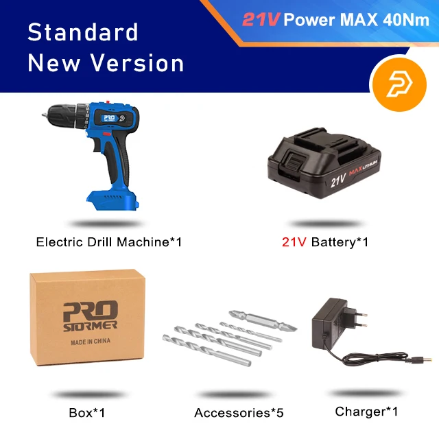 20V/21V Brushless Electric Drill 40NM/45NM Cordless Screwdriver Li-ion Battery Mini Electric Power Drill 5pcs Bit By PROSTORMER PTET009A