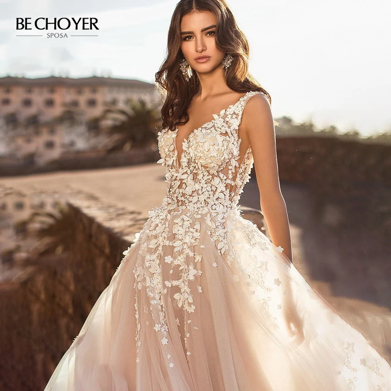 Vintage V-neck A-Line Wedding Dress Appliques 3D Flowers Backless Princess BE CHOYER N128 Bride Gown Customized Vestido De Noiva | Свадьбы и
