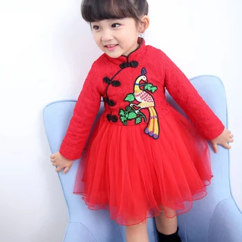

New 2020 Chinese New Year Sepring Festival Children's Chinese Style Red Printed Plus Velvet Dress 2Colors