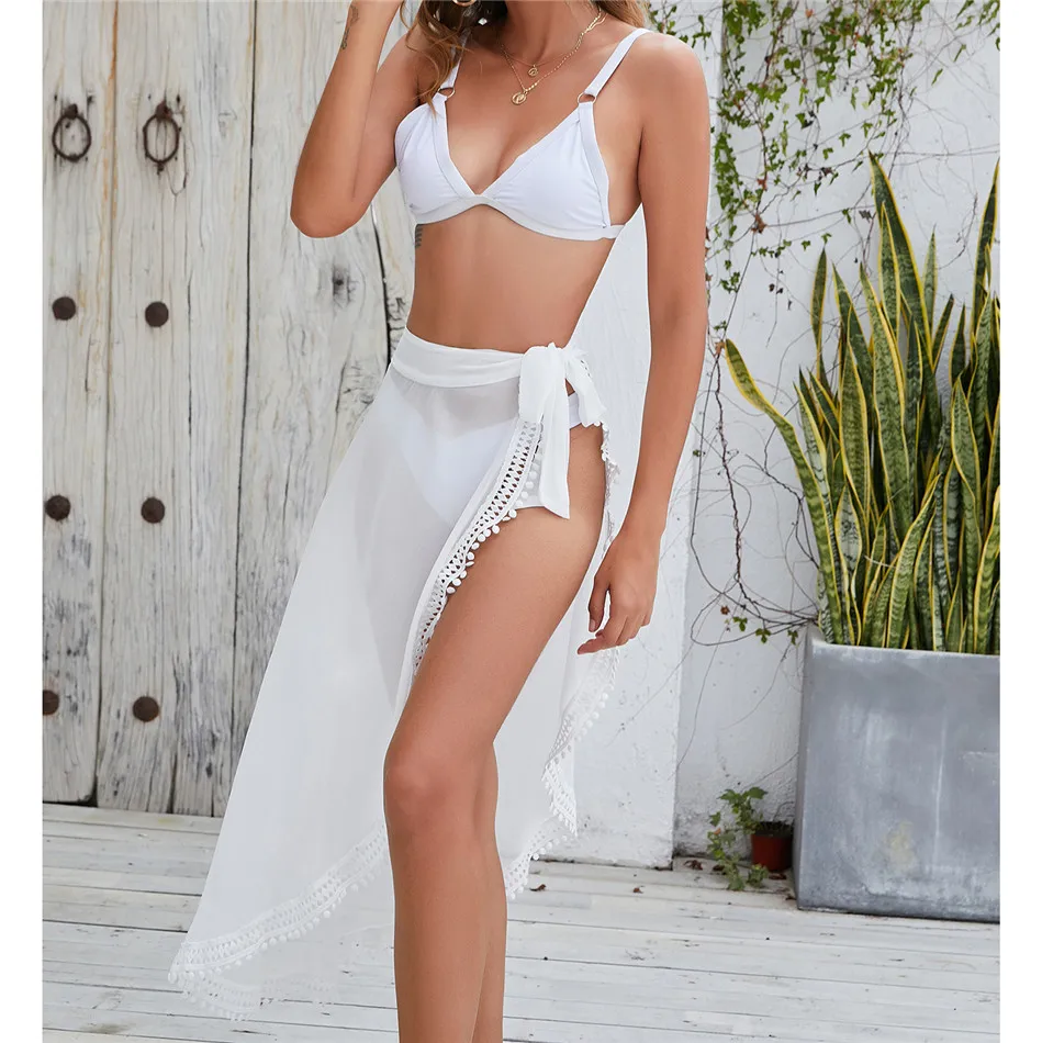 CHYAOWU0130 White Chiffon Sexy Bandage Irregular Lace Stitching Skirt Beach Outing Women's Swimwear 2021 Solid Bohemia Beachwear