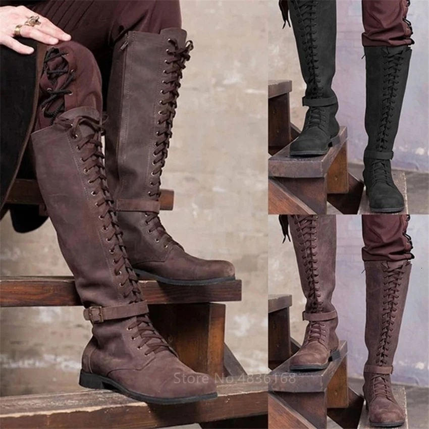 MEDIEVAL BOOTS VIKING PIRATE RENAISSANCE SHOE MENS BROWN LEATHER LONG SHOES BOOT