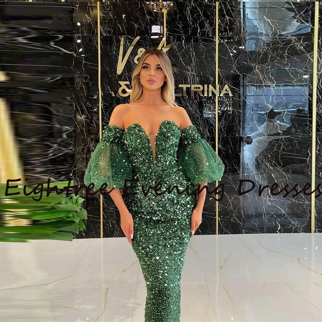 Modern Sparkly Short Green Arabic Bridal Sequins Prom Dresses Short Sleeves Dubai Evening Dress Party Night Gowns Vestidos 2