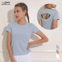 Эстетическая футболка для йоги, сексуальные топы с короткими рукавами и вырезом сзади, футболка для бега, женский для фитнеса и зала, топ для тренировок с круглым воротником