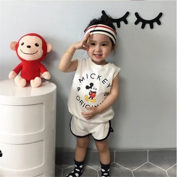 

Disney Children's Wear Girls Clothes Cotton Short Sleeves Summer Boys T-shirt Fashion Cartoon Mickey Sports Suit For Students