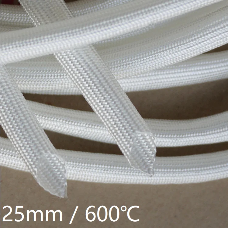 Fiberglass Tube 25mm High Temperature Chemical Glass Fiber Braided Sleeve Soft Wire Casing Insulated Pipe Protect 600Deg.C White |