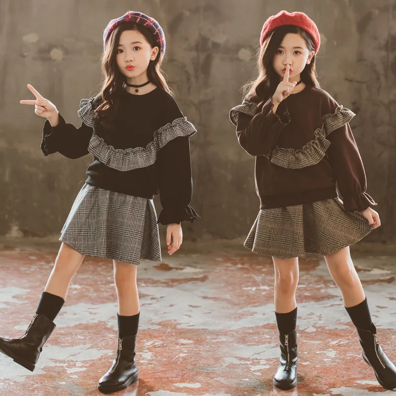 

Girls Suit Skirt Big Boy Plaid Woolen Cloth Case Crew Neck Mixed Colors Set Girls Princess Skirt Case