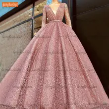 Nuovo abito da ballo in pizzo rosa maniche lunghe scollo a V 2021 Vestido De Fiesta De Boda abiti da festa Sexy donna BOHO Vestido De Fiesta Largo