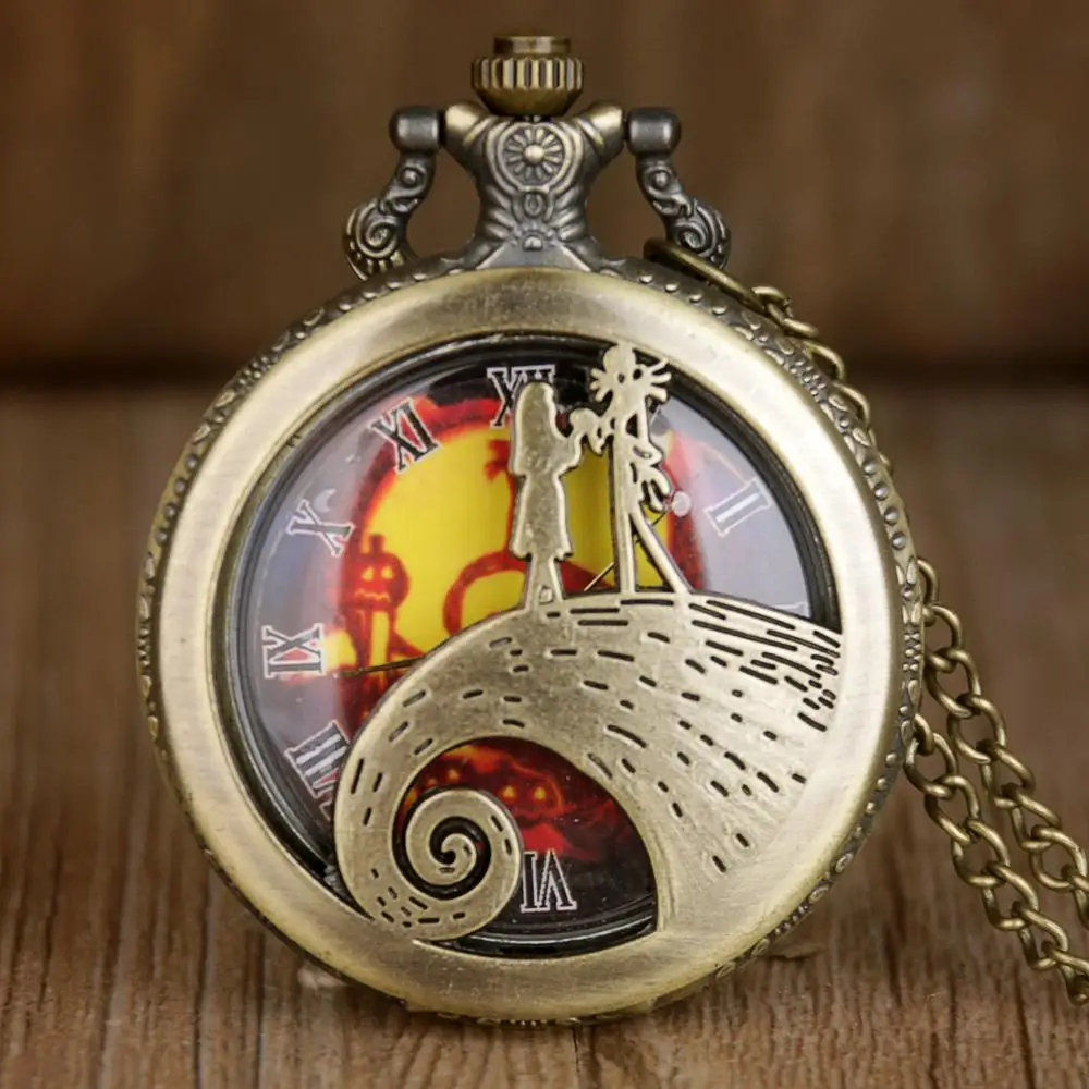 Ретро лягушка большие глаза Джек Скеллингтон кварцевые карманные винтажные часы с ожерельем цепь кулон череп часы подарок на Хэллоуин - Цвет: TD2049