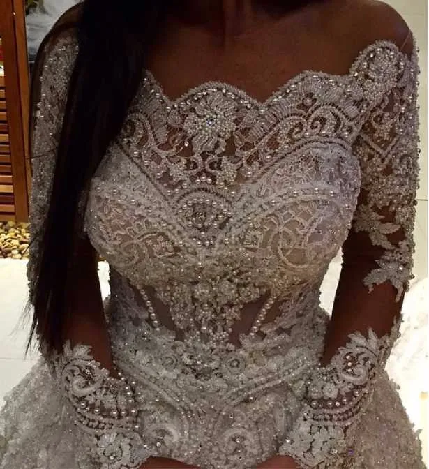 Vestidos De Novia Роскошные Жемчужные бусинки цветы роскошные наряды с длинным рукавом кружевные свадебные платья свадебное платье Robe De Mariage