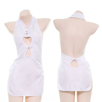 

Classical Backless Heart Hollow Out Ruffles Sexy Cheongsam Dress Women's White Side Zipper Nightdress Lolita Sleepwear Lingerie