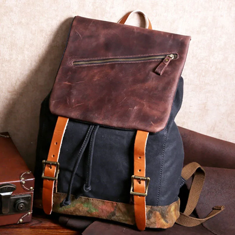 

2020 New Vintage Canvas Crazy Horse Leather Men's backpack leisure travel multifunctional large capacity bag Retro classic