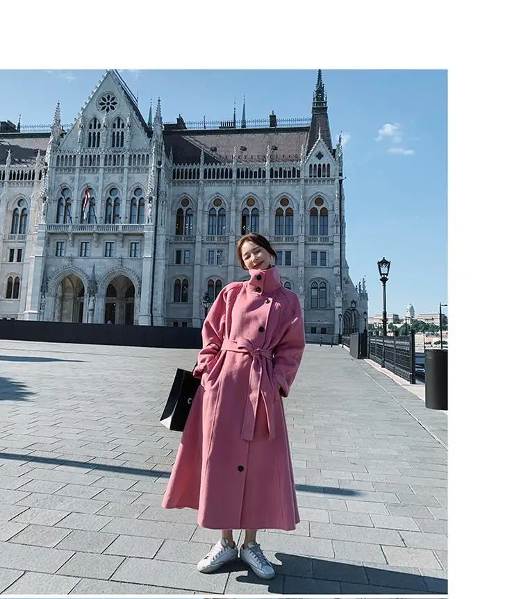 Красное шерстяное пальто для фотосессии, осень и зима, стиль, корейский стиль, свободная Длинная шерстяная куртка на шнуровке для женщин
