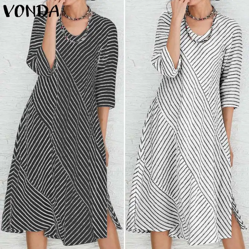 VONDA, женское платье, Femme,, платья для вечеринок, хлопок, с разрезом, по колено, платье в богемном стиле, Vestidos размера плюс, модный осенний Сарафан