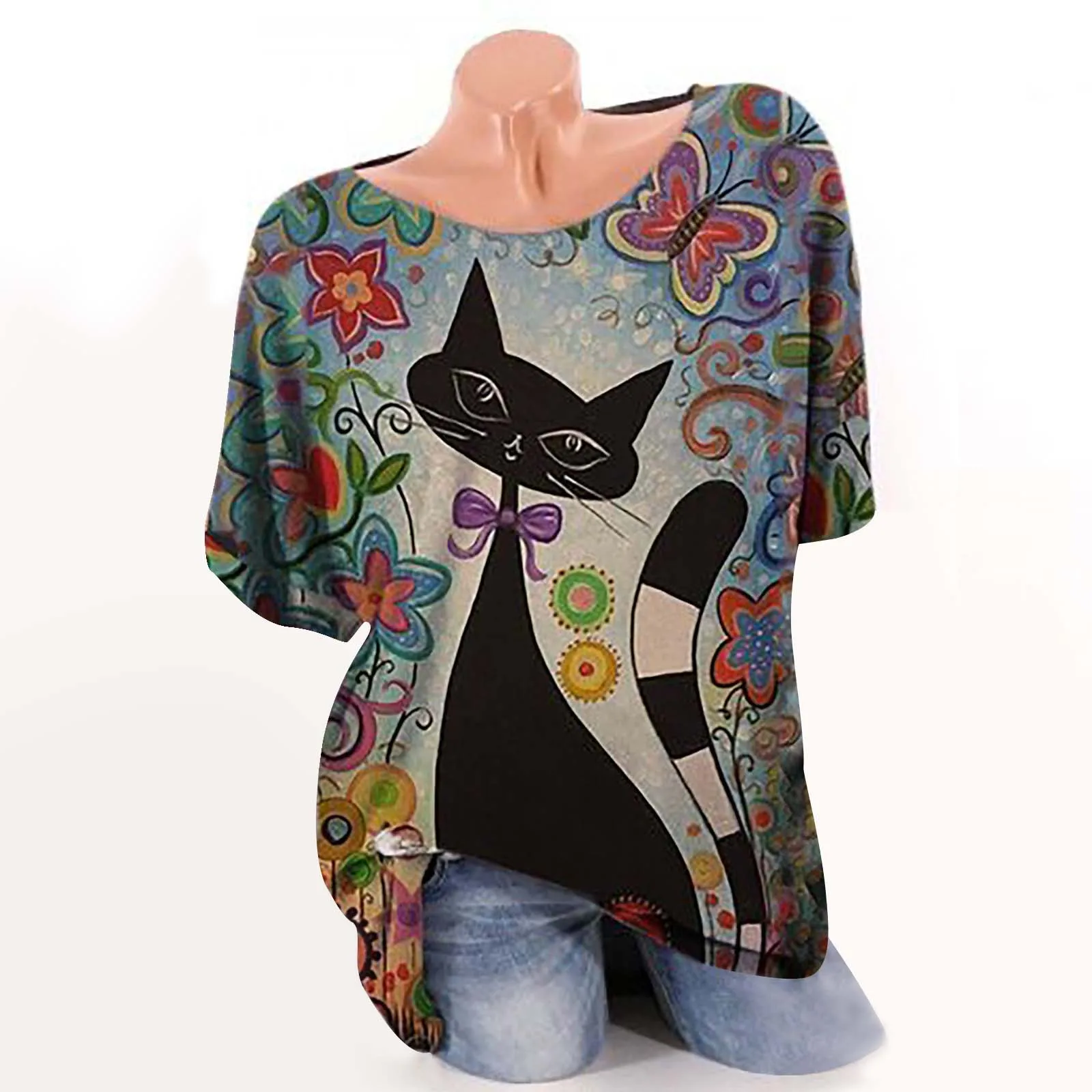 Blusa holgada informal con manga corta para otoño, camisa blusa holgada con botones para mujer, estampado de gato, girasol, 4 #