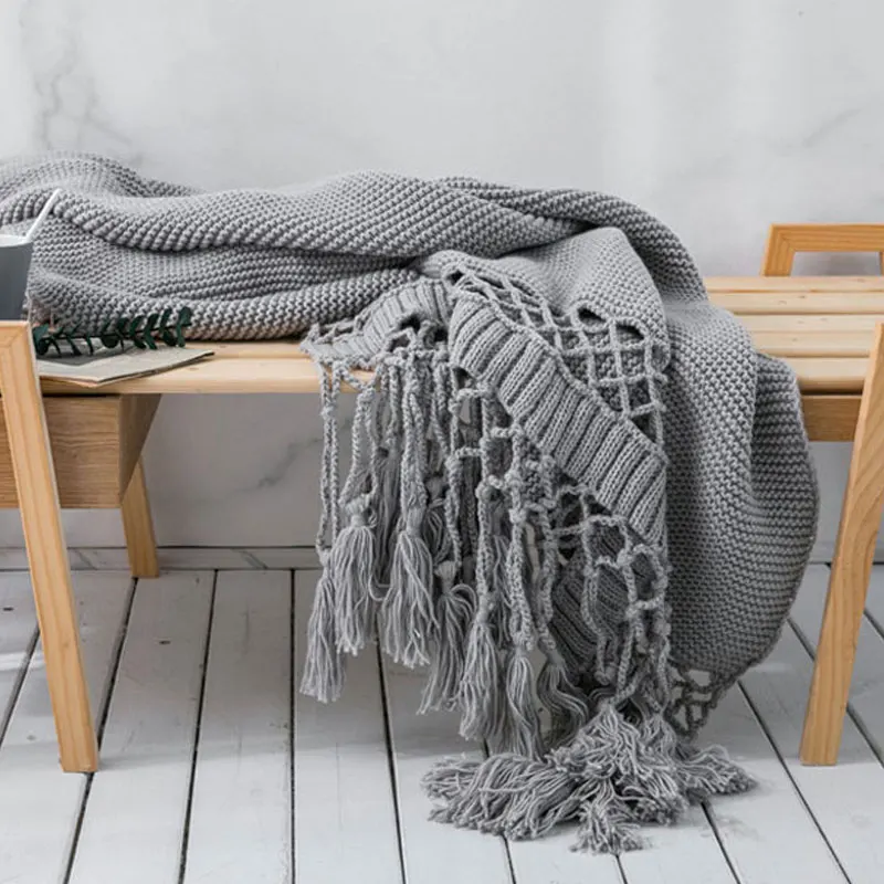 

Handmade Knitted Blanket American Style Sofa Thread Blanket Air Conditioner Home Office Nap Blankets Hollow Tassel Thick Warm