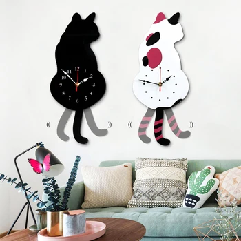

Wall Clock Cartoon Cat Shape Hanging Clocks Wagging Tail Cat Wall Clock For Household Decorative Wall Clocks Living Room Watches