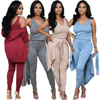 

ZKYZWX Sexy Plus Size 3 Piece Set Sleeveless Top+Hoodies Cardigan+Lace Up Pants Tracksuits Fall Women Clothing Oversized Outfits