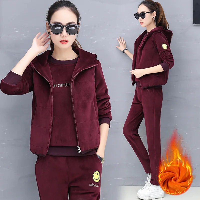 winered 3 шт. Для женщин спортивный костюм зимние плотные велюровые спортивные костюмы свитер с капюшоном+ куртка+ штаны, Повседневное Jogger Экипировка для бега, комплект спортивной одежды - Цвет: winered