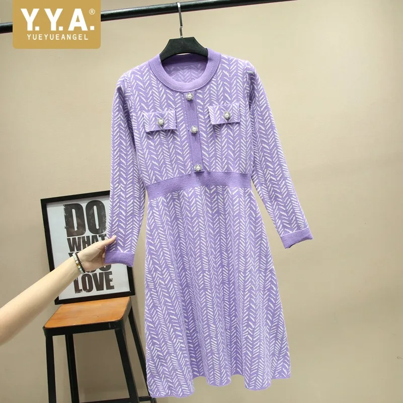 

2019 Elegant High Waist A-Line Dress Women Streetwear Spring New O-Neck Slim Knee Knitting Dress Sweet Pink Purple Dress S-L
