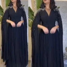 Платья для выпускного со стразами v шеи Пояса шифон линия темно-синий с длинным рукавом Вечерние платья