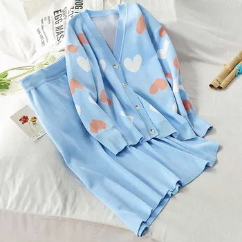 

Autumn Winter Women Loose Knitted Two Piece Set Love Pattern V-neck Cardigan Sweater Coat + Long Loose Skirt HEART PRINT