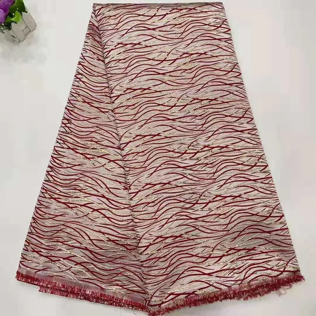 

Red Brocade Lace Fabrics 5 yards 2021 Hot Selling African Jacquard Lace Fabrics With Weave For Sewing wedding dress HKM4928