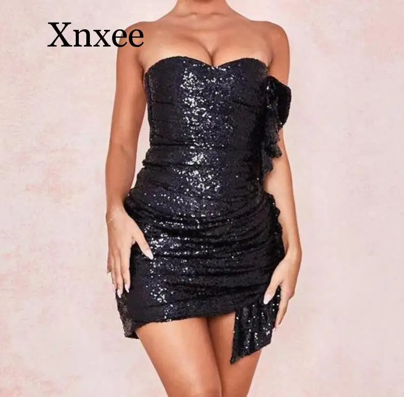 

2020 black Sexy Sequin Club Party Dress Women Off Shoulder Ruffle Split Back Zipper Short Mini Dresses Elegant Bodycon Vestidos