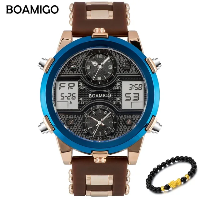 Brown BOAMIGO Мужские кварцевые светодиодный цифровые 3 мужские часы, наручные часы Топ Роскошные, спортивные и фирменные часы мужские золотые военные наручные часы мужские - Цвет: Brown